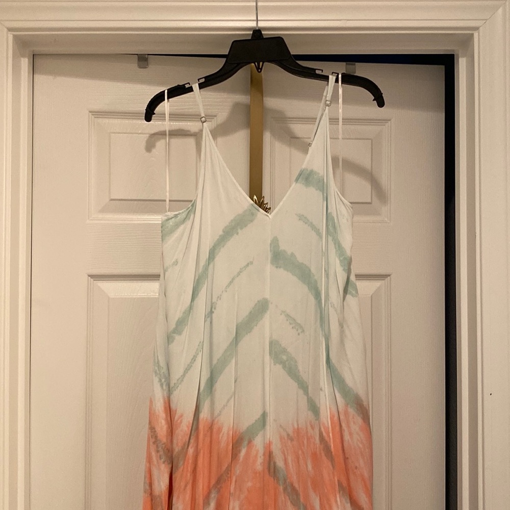 white peach and blue long summer dress